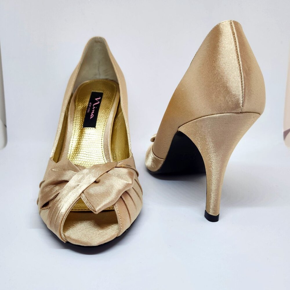 Nina Women's Gold Peep Toe High-Heel W/Bow Size 7.5